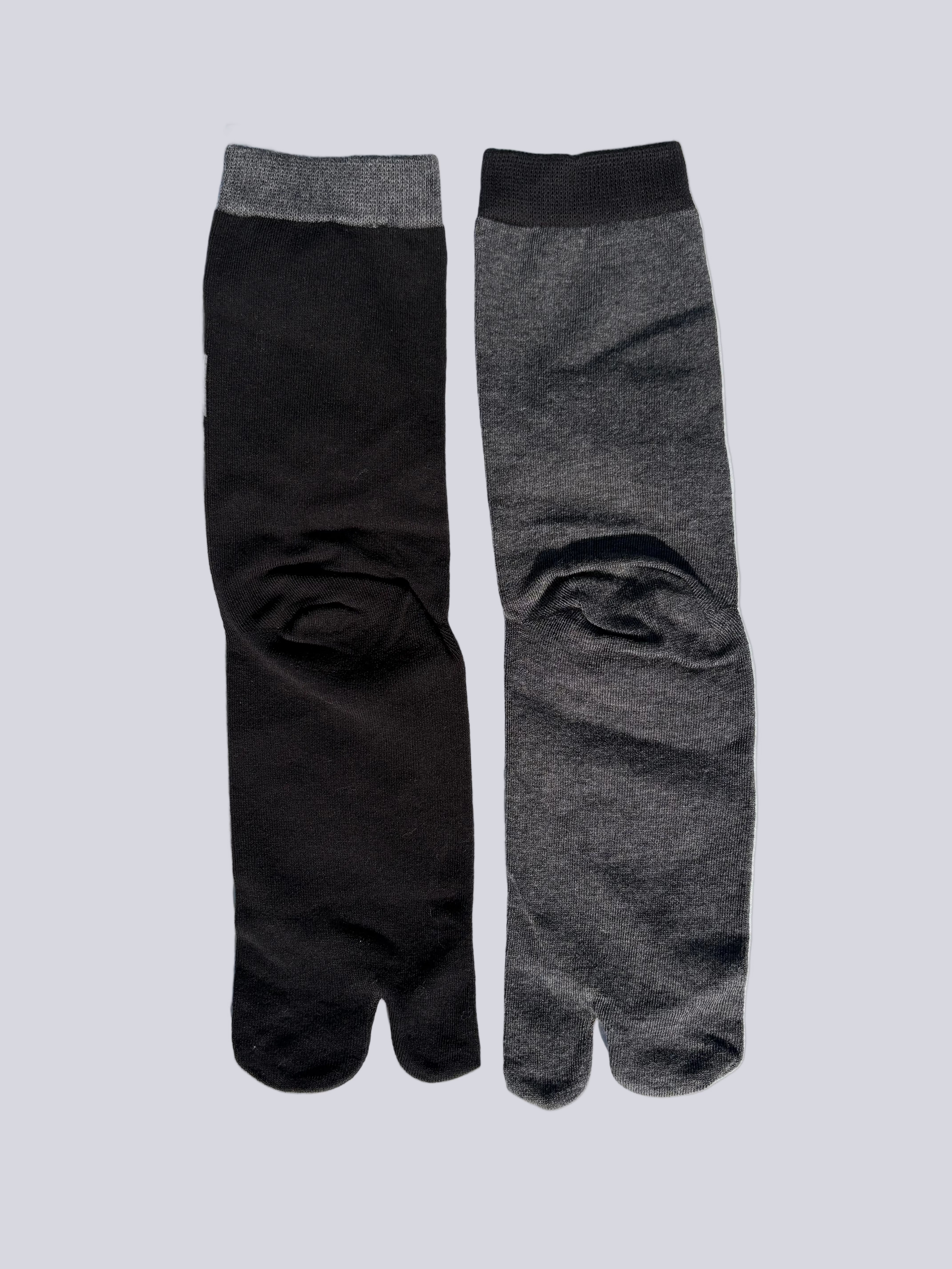 back of Tabi split-toe socks with large owl print — charcoal with dark owl and black with white owl — Japanese novelty bird split toe design socks made of cotton