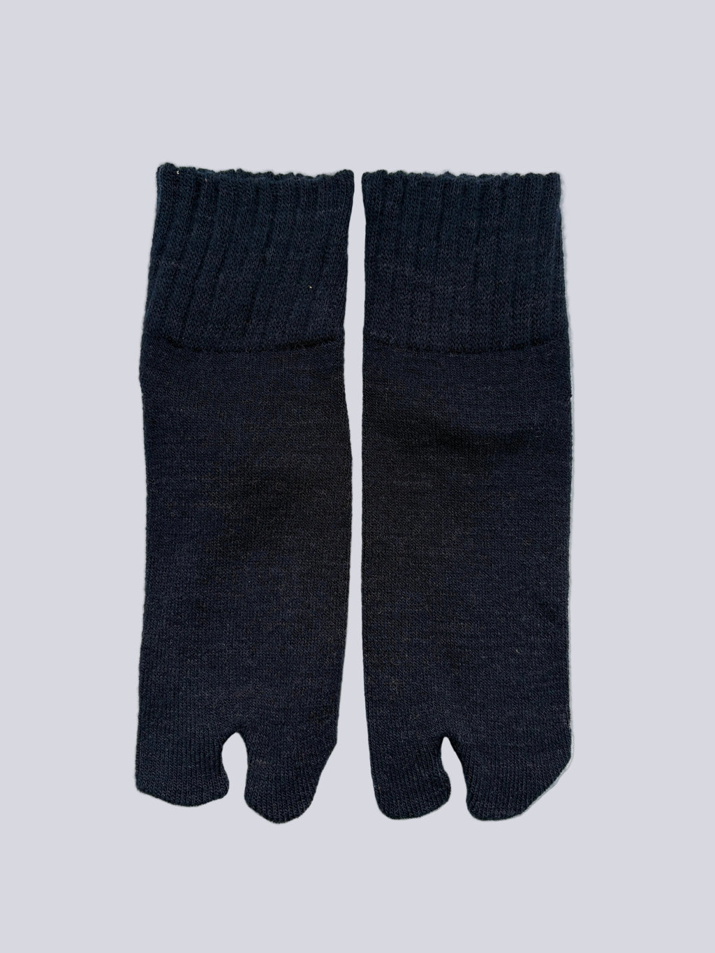 Flat lay  of  navy ankle length grey wool warm knit Japanese tabi socks super soft luxury premium quality