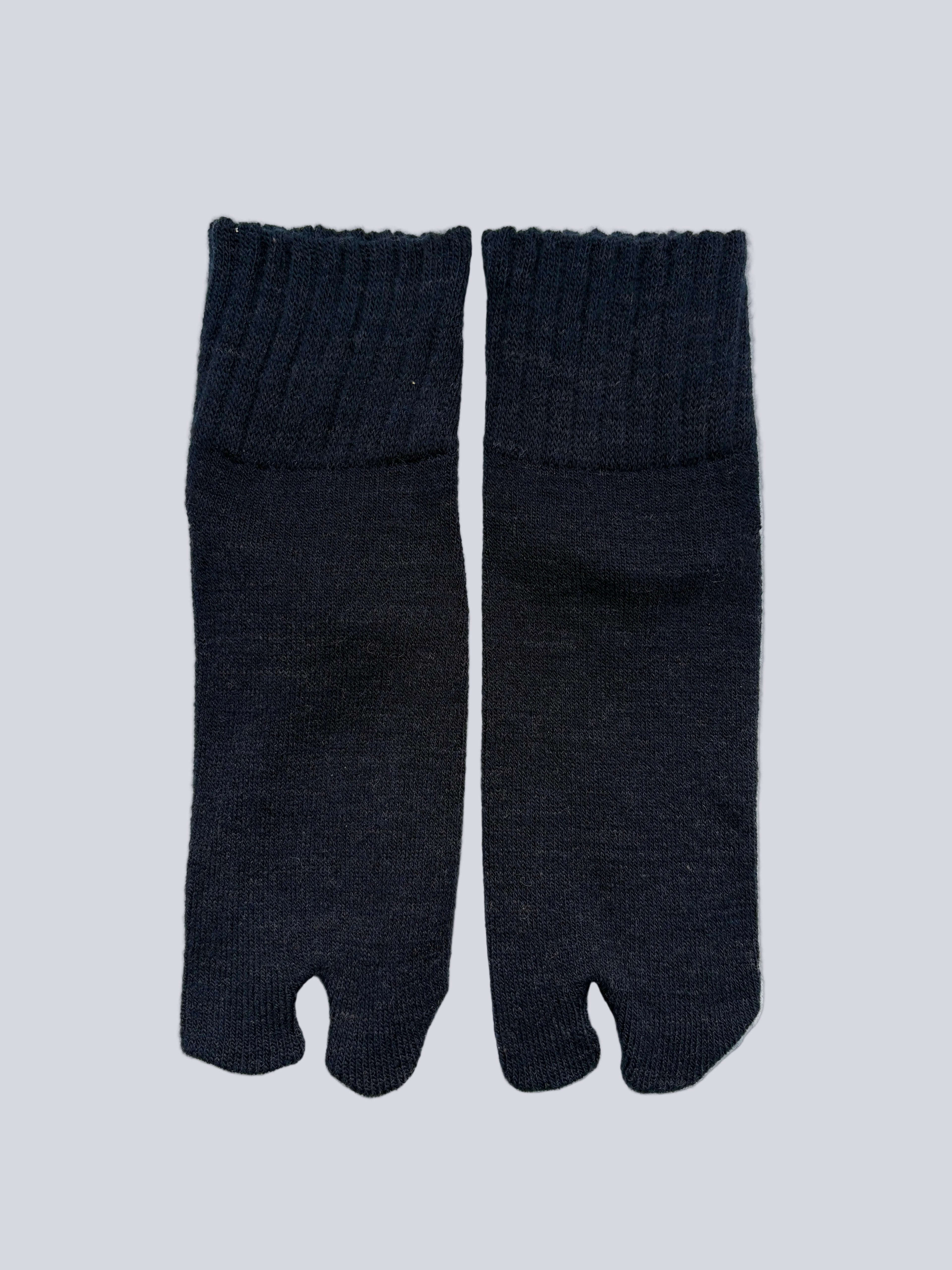Flat lay  of  navy ankle length grey wool warm knit Japanese tabi socks super soft luxury premium quality