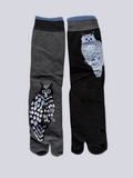 Tabi split-toe socks with large owl print — charcoal with dark owl and black with white owl — Japanese novelty bird split toe design socks made of cotton