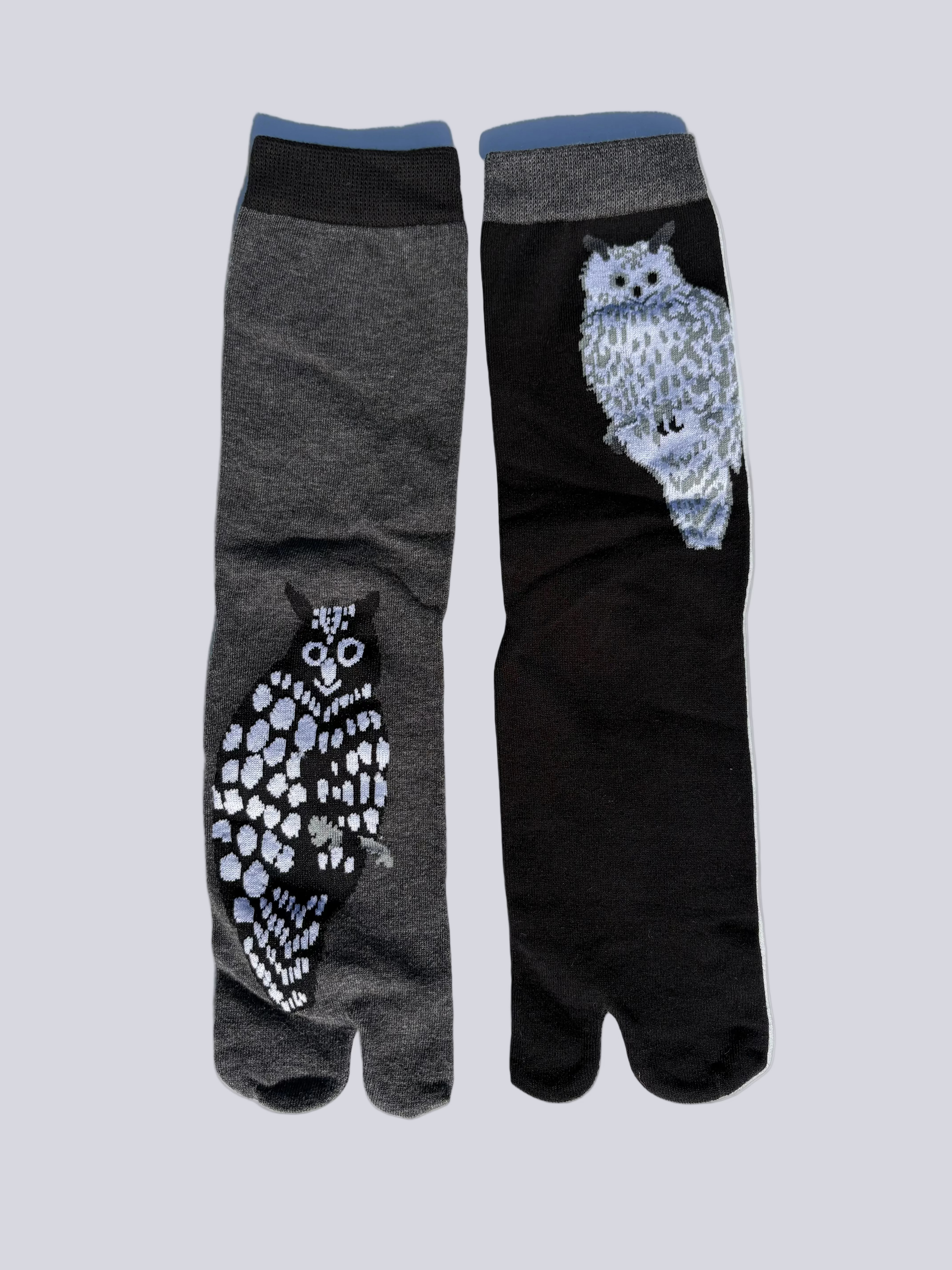 Tabi split-toe socks with large owl print — charcoal with dark owl and black with white owl — Japanese novelty bird split toe design socks made of cotton