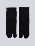 Flat lay  of black ankle length grey wool warm knit Japanese tabi socks 
