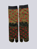 front of Olive green tabi split-toe socks with red tomato field print charcoal cuff — Japanese botanical novelty tabi socks representing nature botanical farm life

