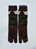 Pair of brown white dove birds print tabi socks flying over a brown field on a light gray background made of cotton material made for wearing tabi shoes
