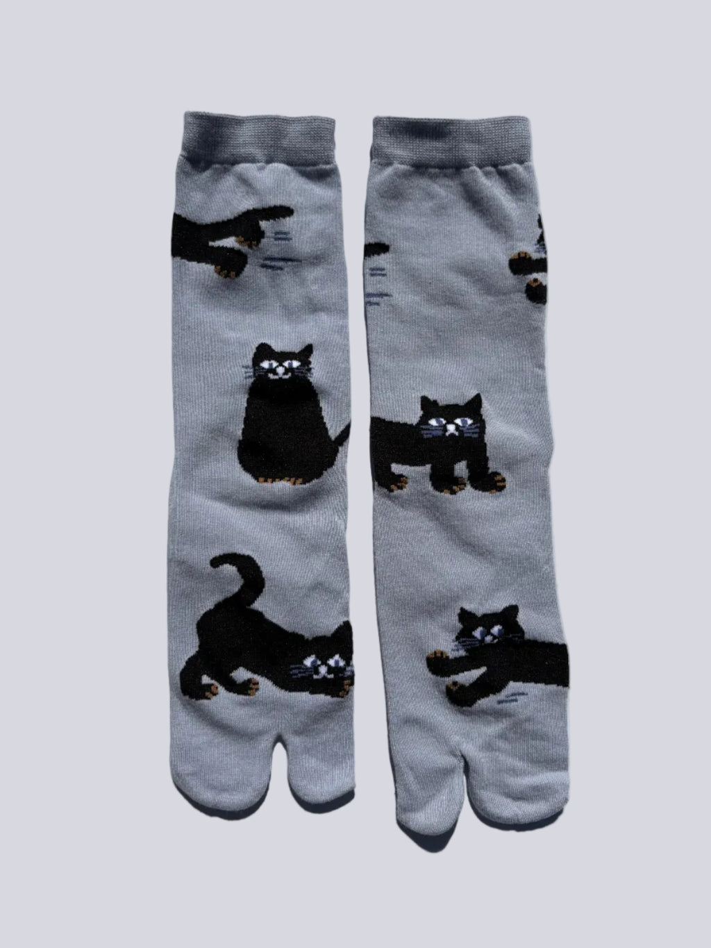 pair of slate blue tabi socks with a black cat print - premium cotton quality