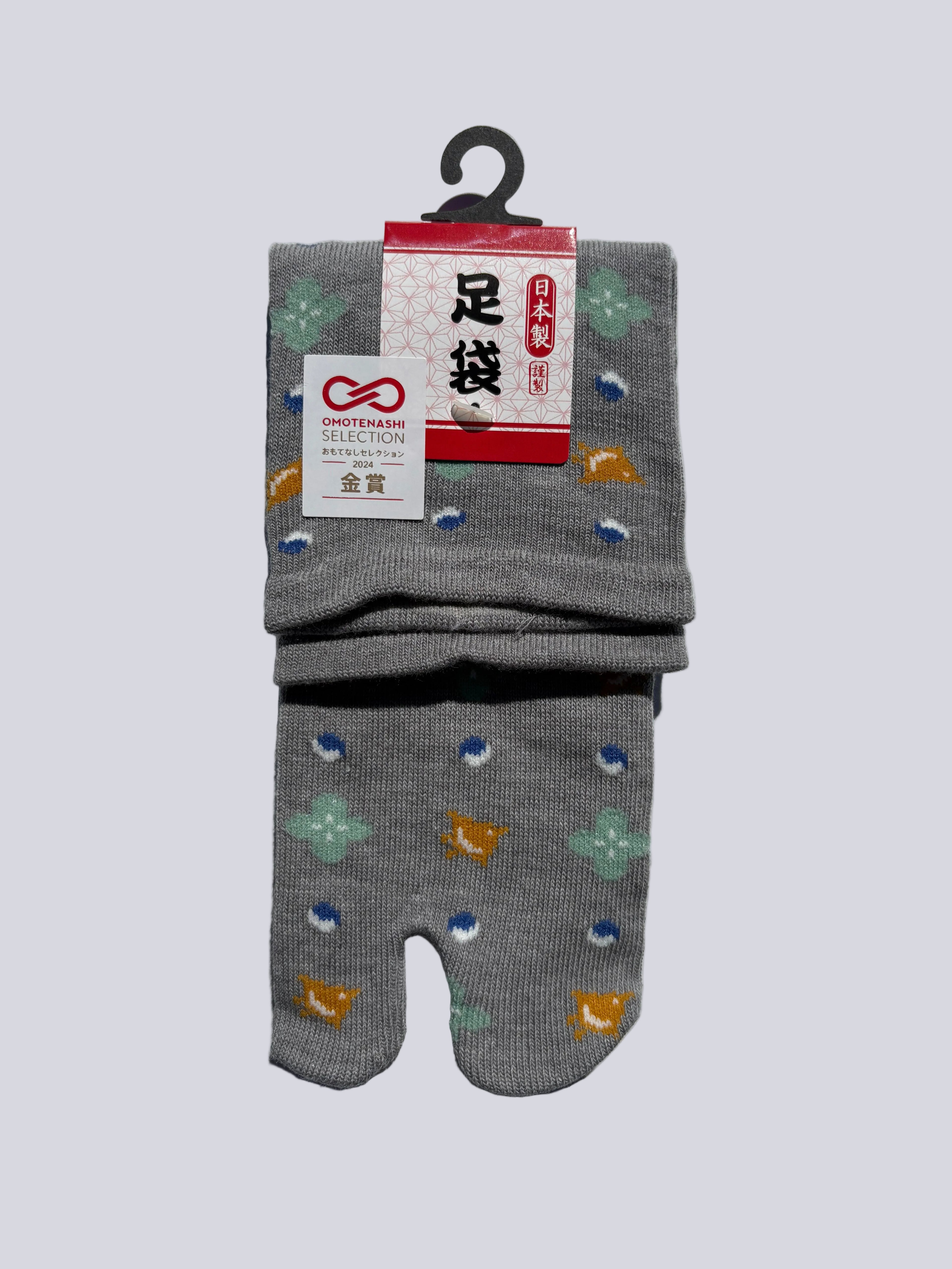 grey bird print tabi socks - japanese split toe design made of cotton - flat lay on white background made in japan