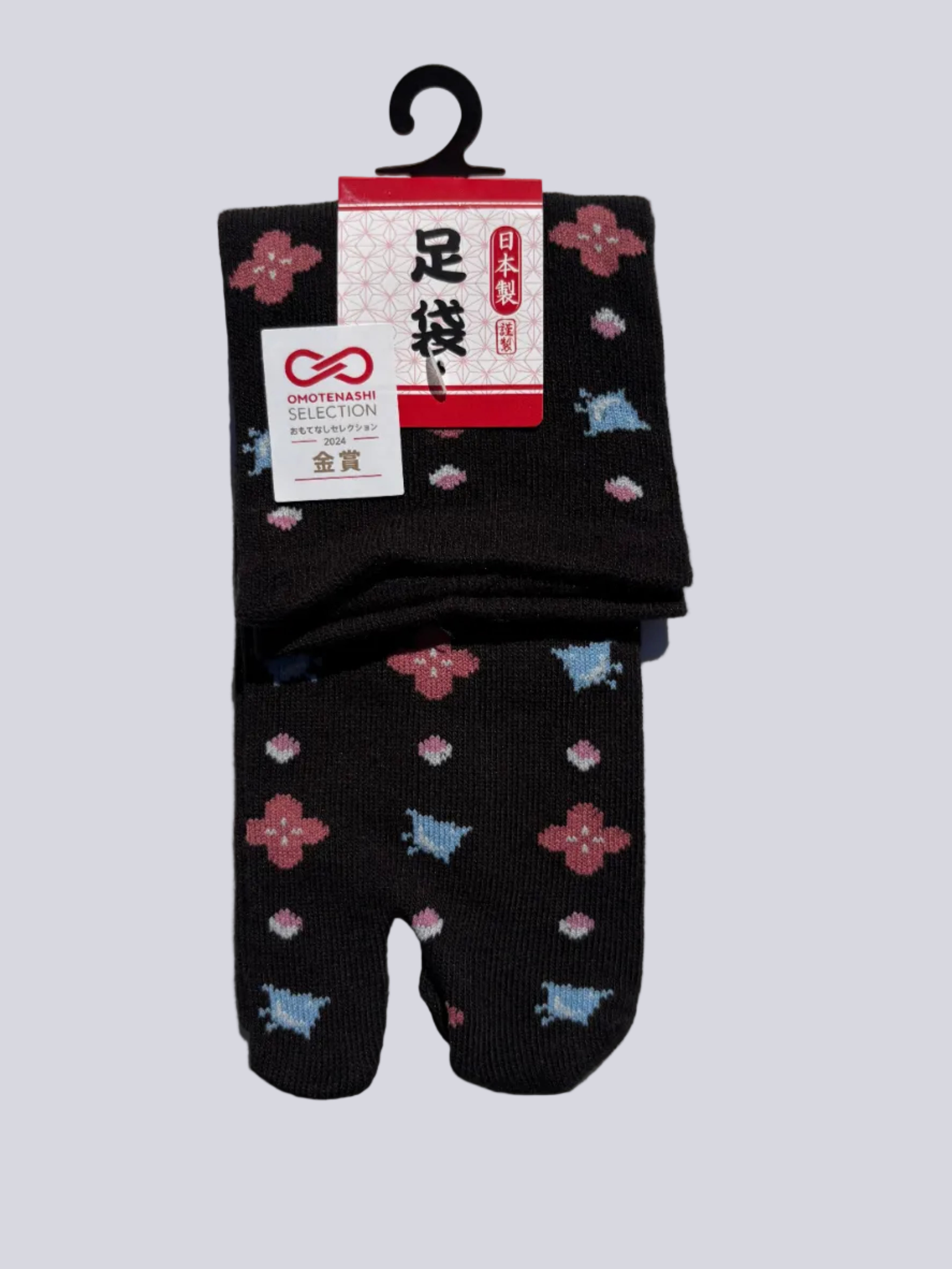 black bird print tabi socks - japanese split toe design made of cotton - flat lay on white background made in japan