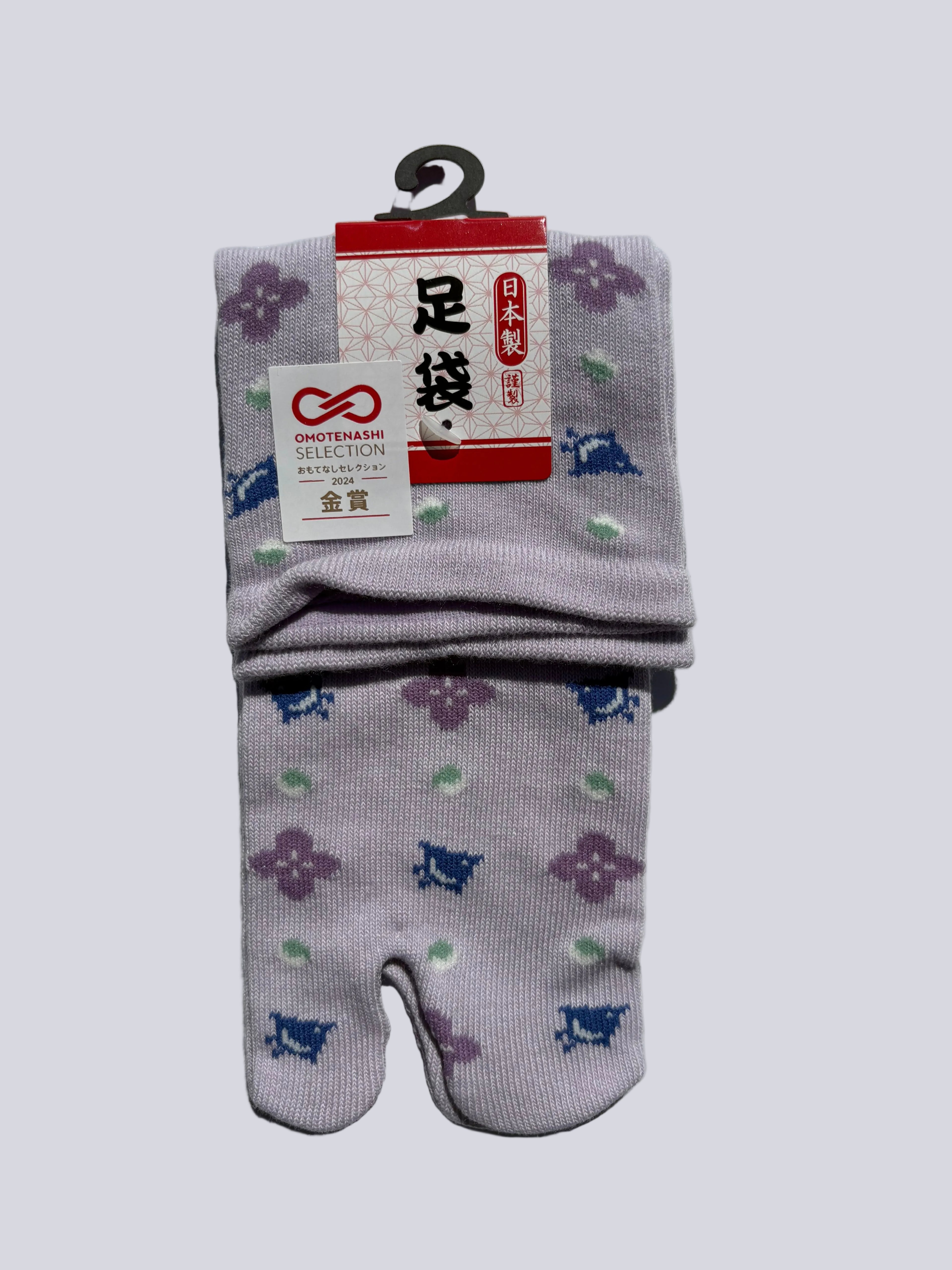 lilac bird print tabi socks - japanese split toe design made of cotton - flat lay on white background made in japan