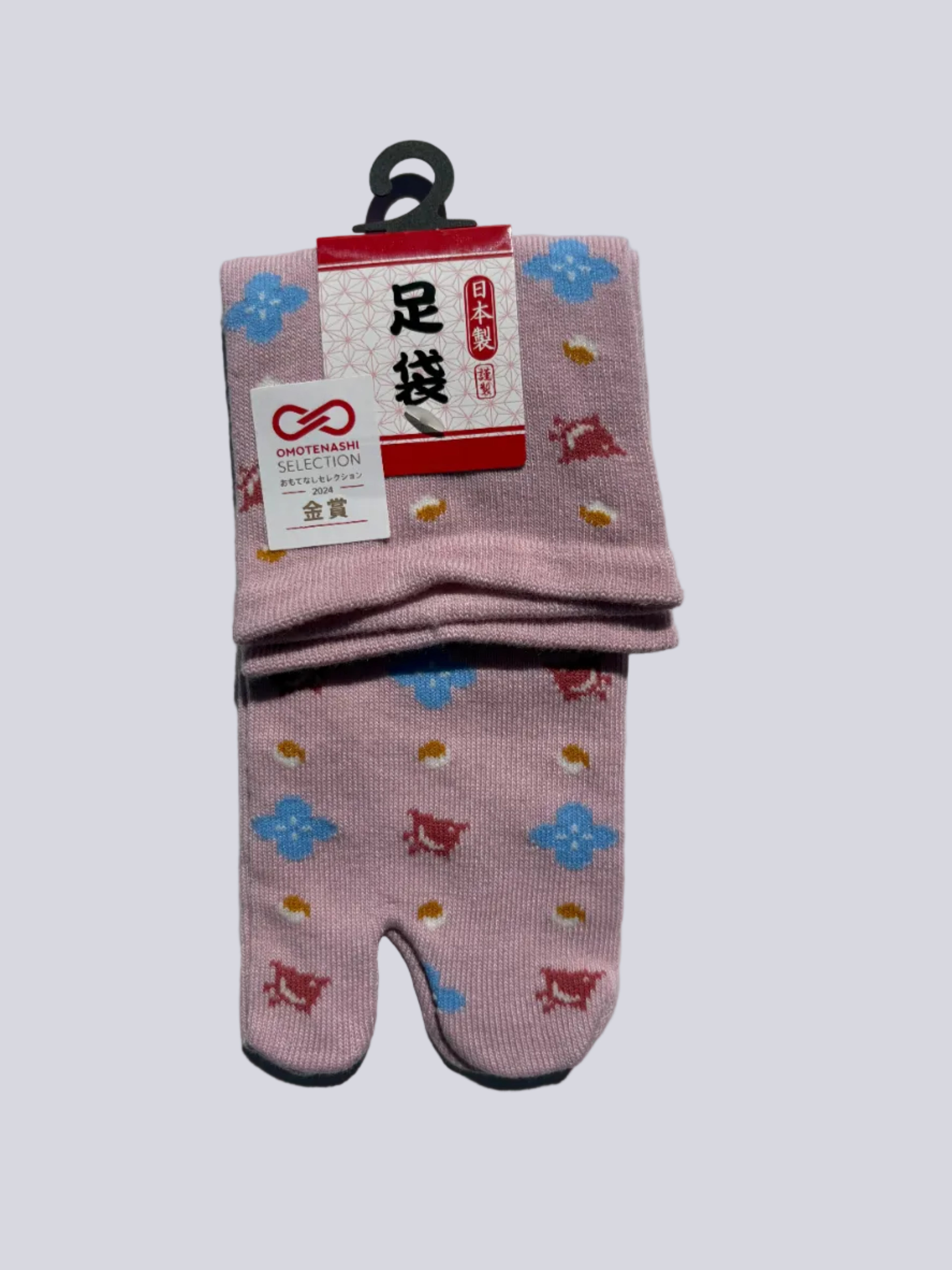 pink bird print tabi socks - japanese split toe design made of cotton - flat lay on white background made in japan