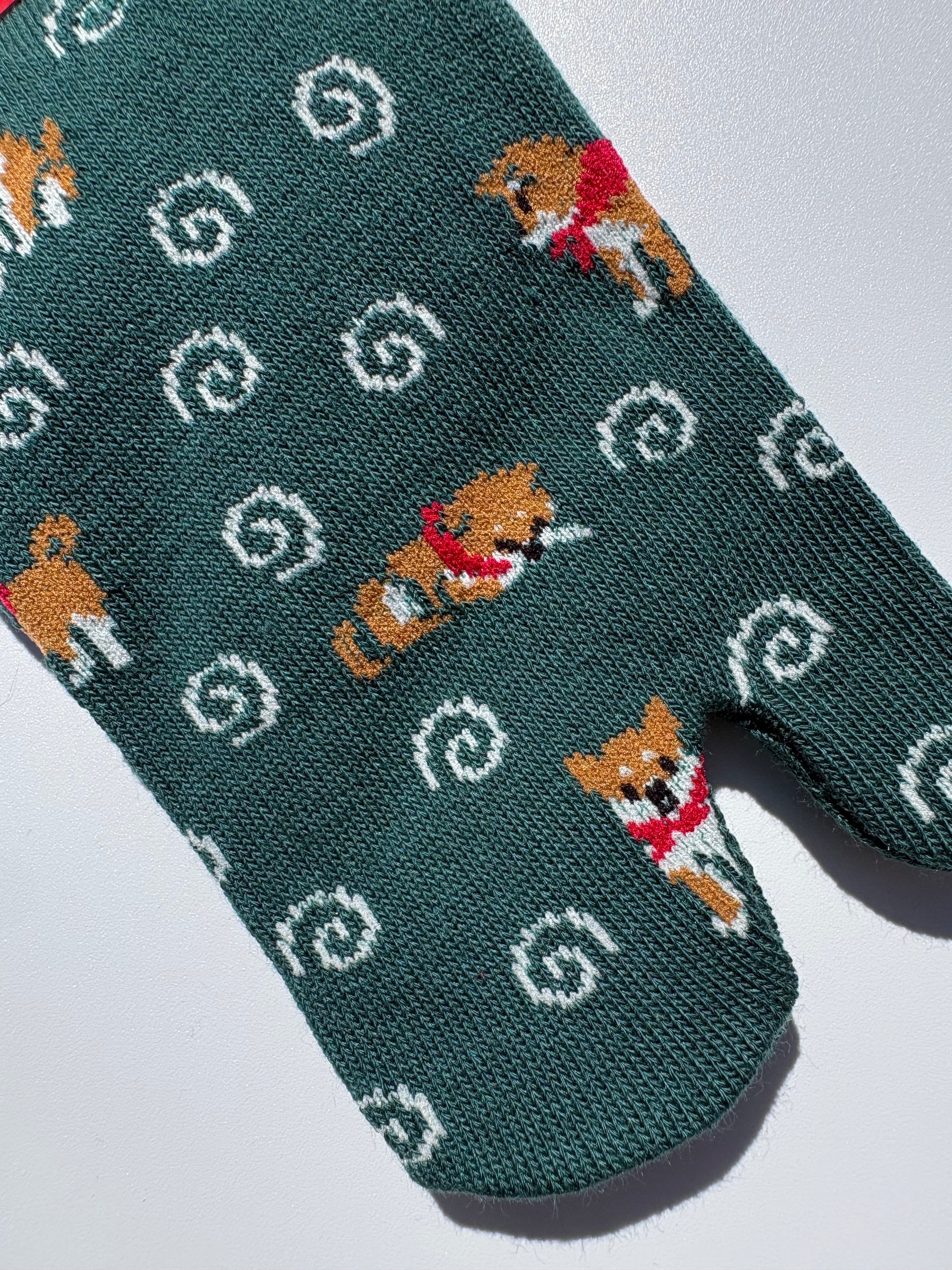 close up of green shiba inu dog tabi socks