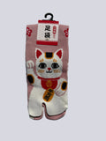 Pink tabi split-toe socks with maneki-neko lucky cat print and red floral pattern — Japanese-made novelty lucky cat tabi socks (足袋)
