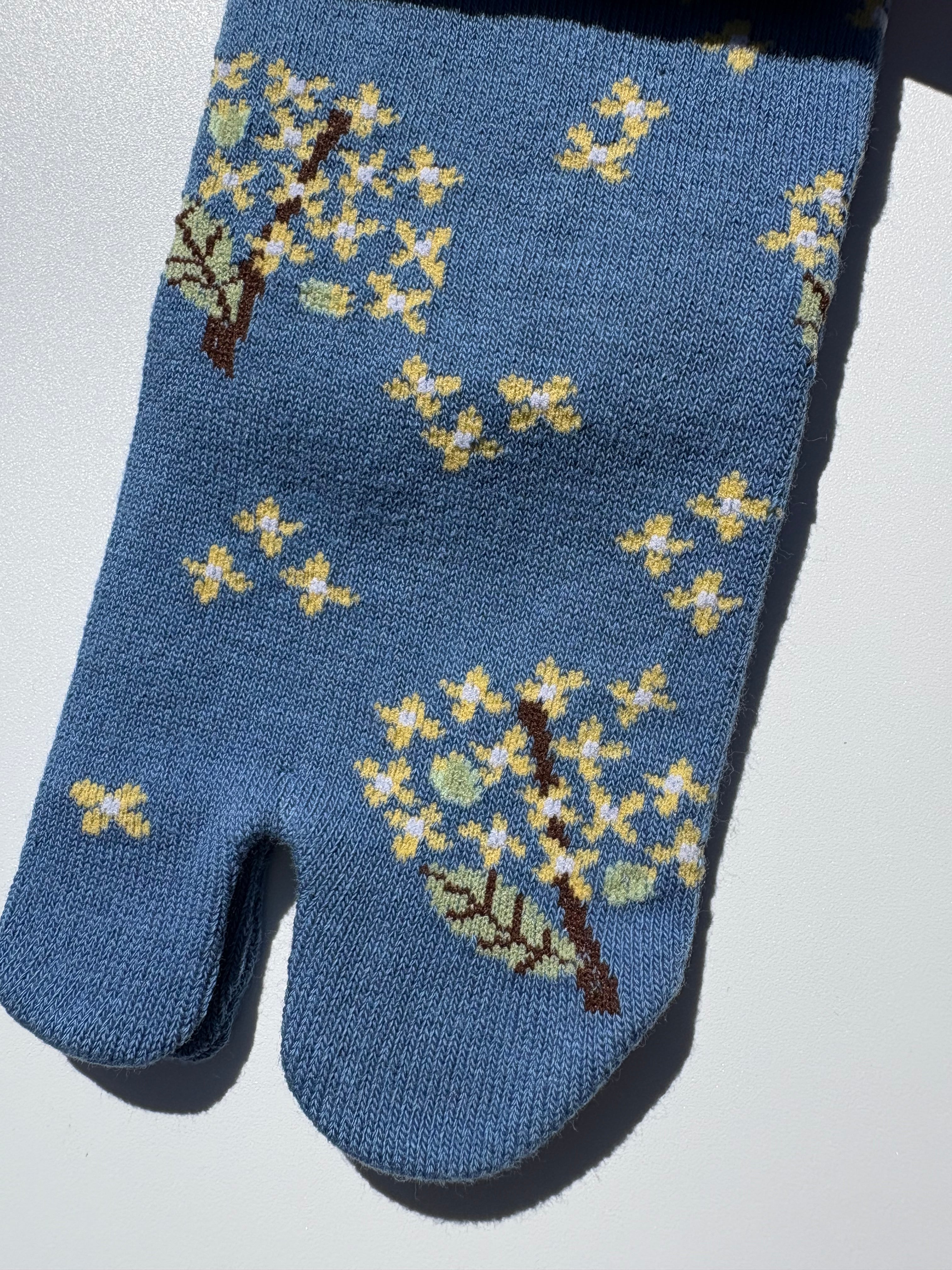 close up Blue tabi sock with floral design on a white background