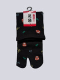Black tabi split-toe socks with pixel art daruma doll and cactus print — Japanese-made novelty lucky charm tabi socks (足袋)