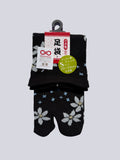 black tabi split-toe socks with white sakura blossom and blue floral print — Omotenashi Selection Gold Award 2024, Japanese-made small fit size 20–23cm (足袋) loose fitting ankle for a comfortable fit