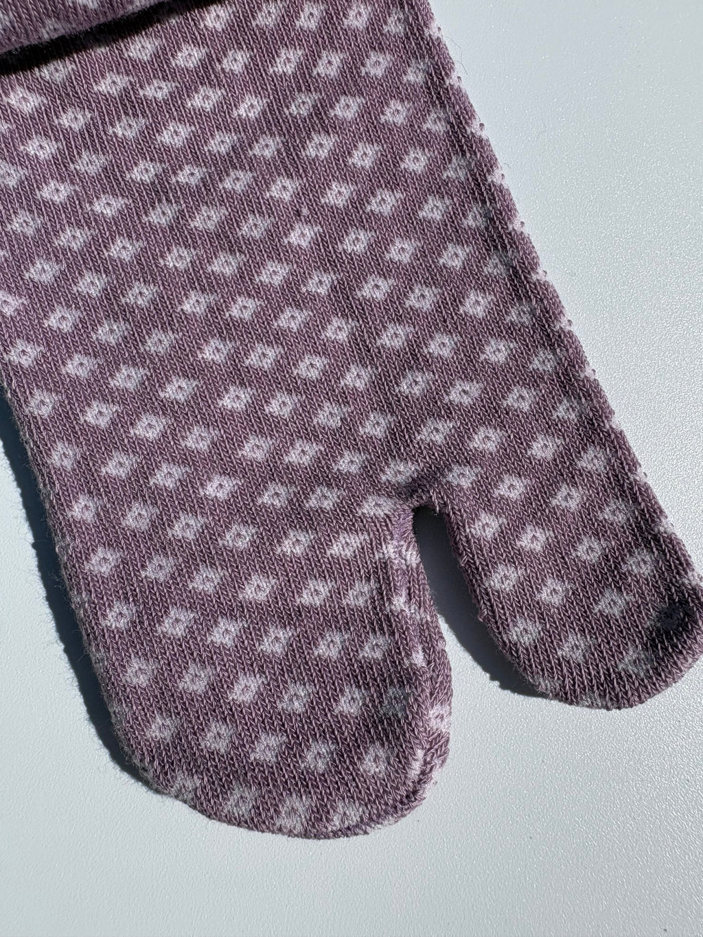 close up of purple Diamond hishi print tabi socks - a single pair lay flat on a white surface - cotton blend made in japan for tabi shoes