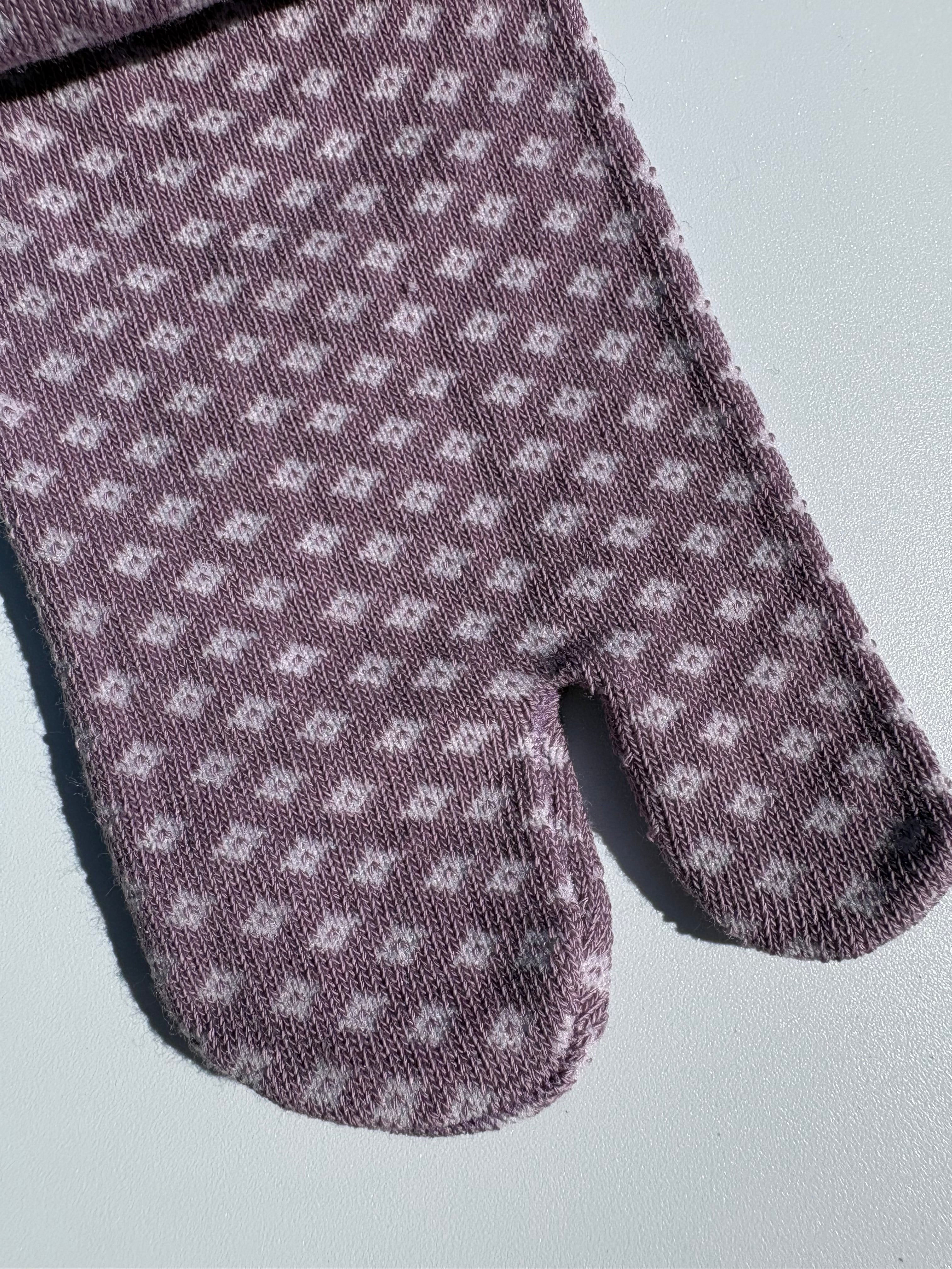 close up of purple Diamond hishi print tabi socks - a single pair lay flat on a white surface - cotton blend made in japan for tabi shoes