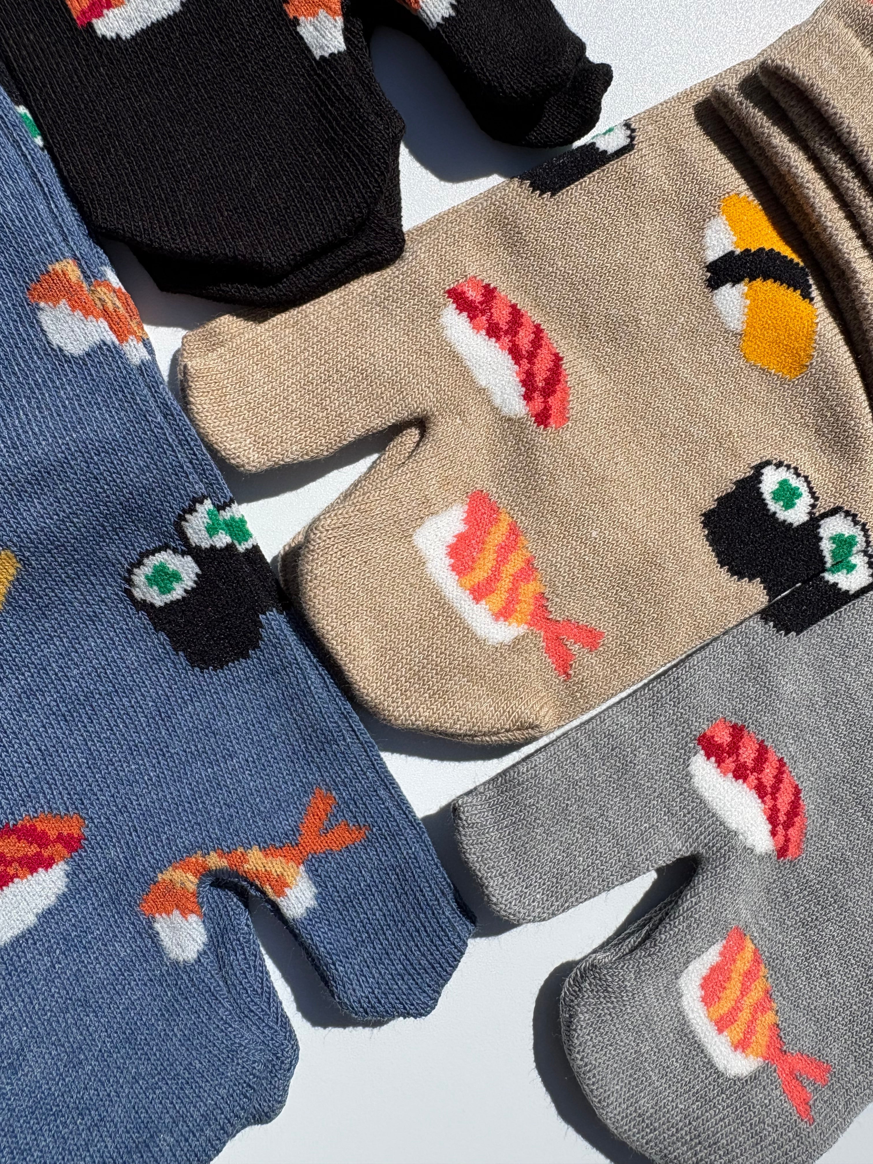 close up of japanese sushi print tabi socks
