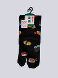 Pack of black japanese cotton tabi socks with sushi print design on a white background flat lay
