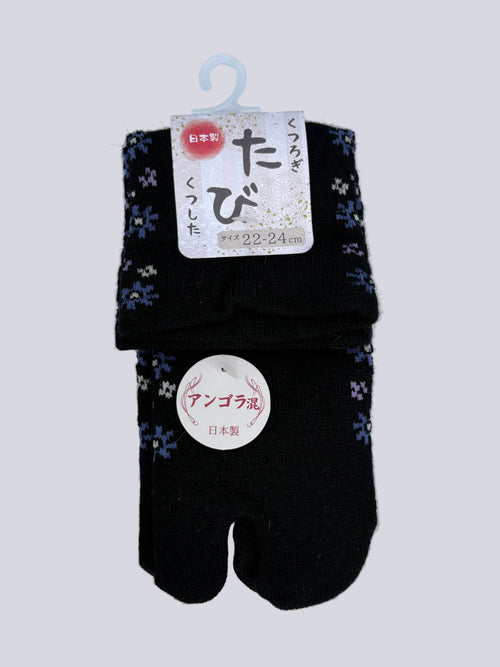 black angora blend tabi split-toe socks with purple and gold floral print and loose fit ankle cuff — soft Japanese-made tabi socks, size 22–24cm