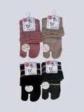 Set of four pairs of tabi socks with labels on a light gray background Flat lay  of  angora wool blend ankle length wool warm knit Japanese tabi socks super soft luxury premium quality striped - four varieties of colours, pink, beige, black and dark grey