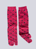 neon pink. tabi socks with dark grey numbers flat lay on a white background made of cotton japanese split toe design