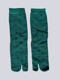 green tabi socks with dark blue numbers flat lay on a white background made of cotton japanese split toe design