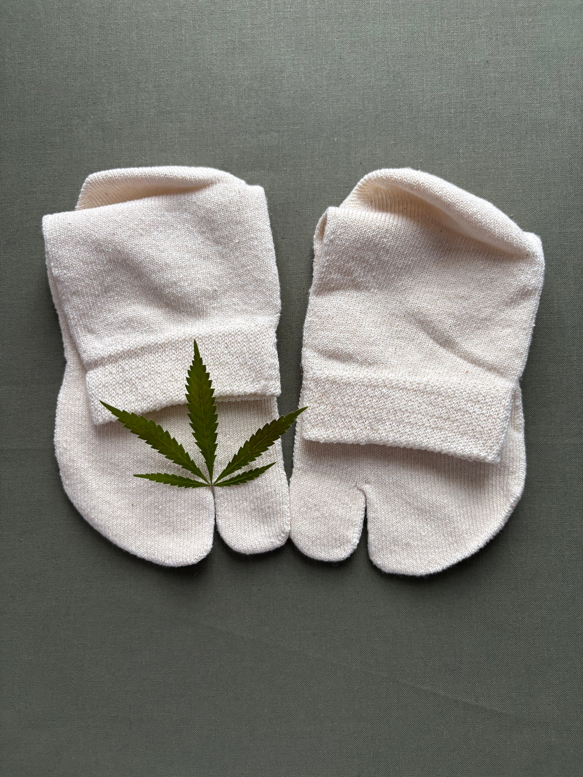 A pair of off-white hemp tab socks laid flat on a dark gray textured background, with a green hemp leaf placed over the left sock.