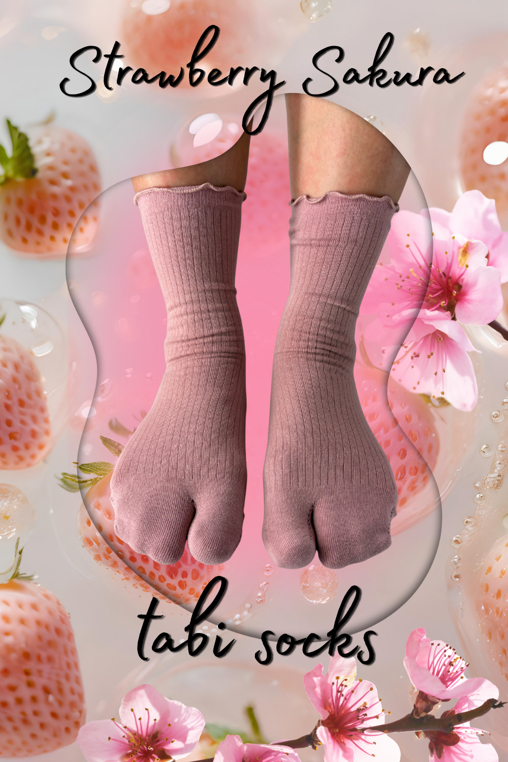 A pair of ribbed tabi socks in a dusty pink color, shown on feet against a stylized background with strawberries, pink blossoms, and the text 'Strawberry Sakura' and 'tabi socks'.