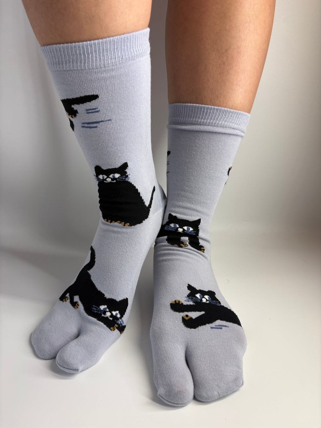 grey blue slate tabi socks with black cat print 