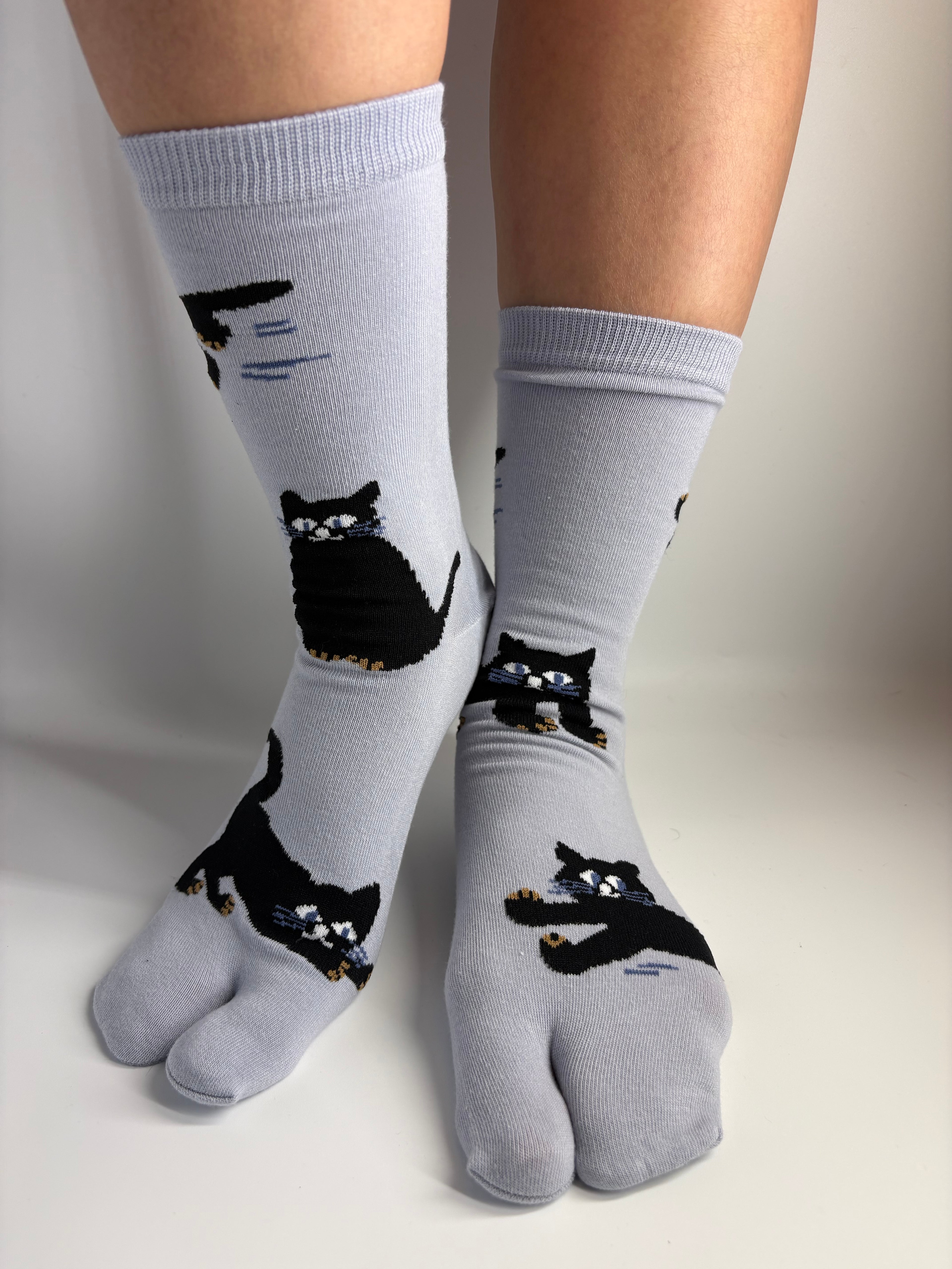 grey blue slate tabi socks with black cat print 
