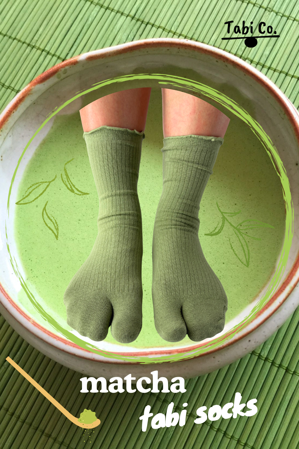 A pair of ribbed green tabi socks worn on feet, shown inside a ceramic bowl filled with light green matcha tea on a green bamboo mat. The text 'matcha tabi socks' and the 'Tabi Co.